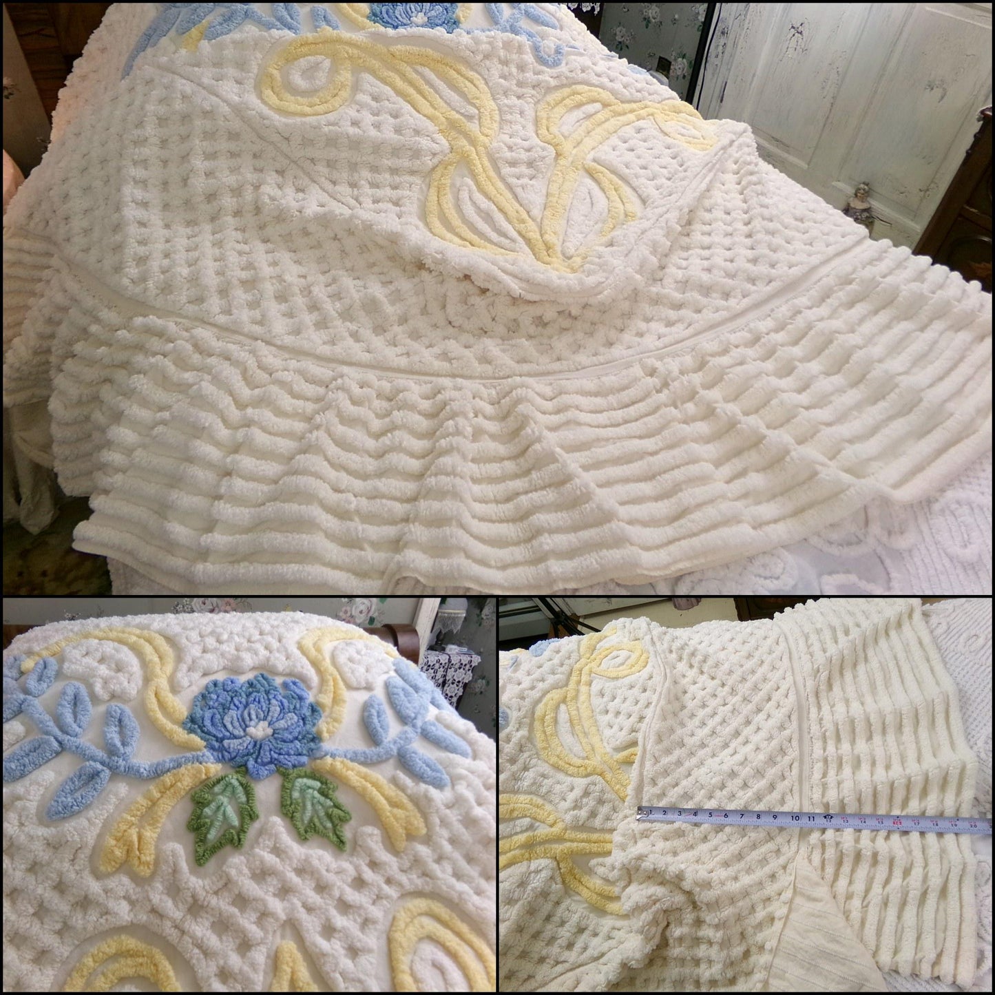 Vintage 1950s Buttercream Floral Chenille Bedspread Heavyweight, Full Size Boxed Fitted Design