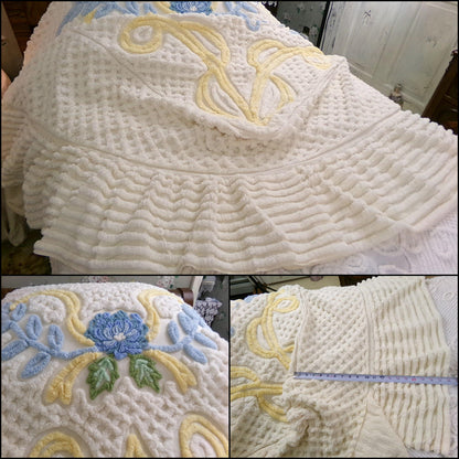 Vintage 1950s Buttercream Floral Chenille Bedspread Heavyweight, Full Size Boxed Fitted Design