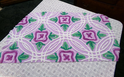 Vintage Chenille Bedspread Fabric Lilac Cabbage Roses 17.5 x 34" Cottage Quilt Sewing Material