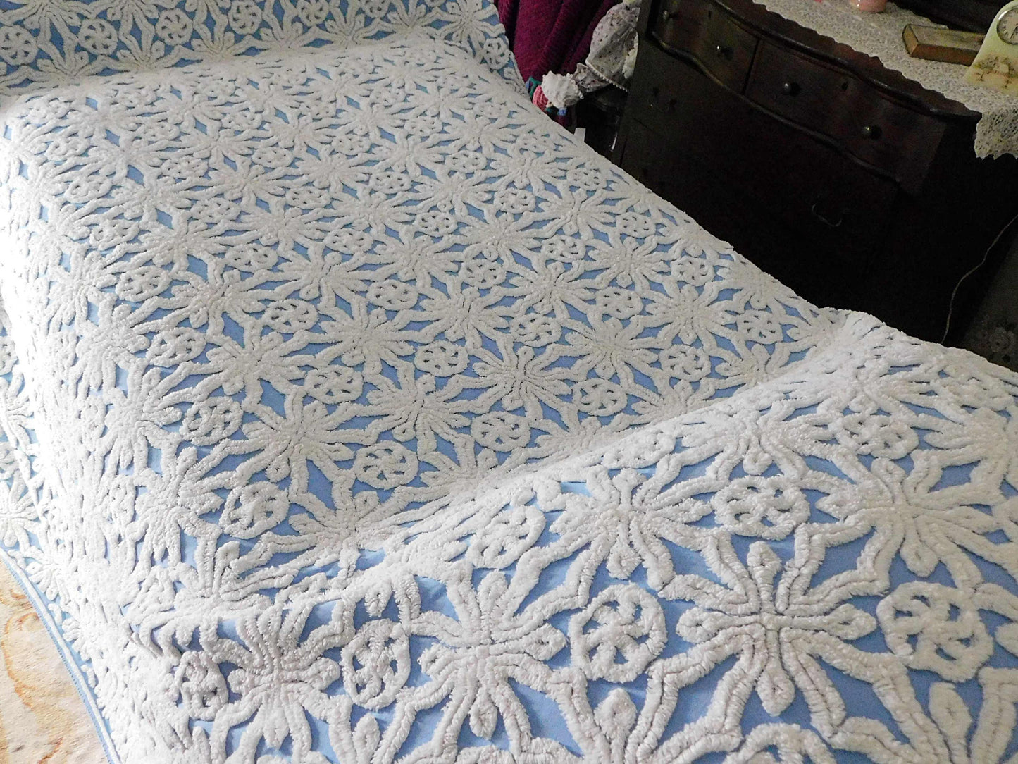 blue vintage chenille bedspread: icicle crystal white tufting, coastal cottage style full size cotton bedding