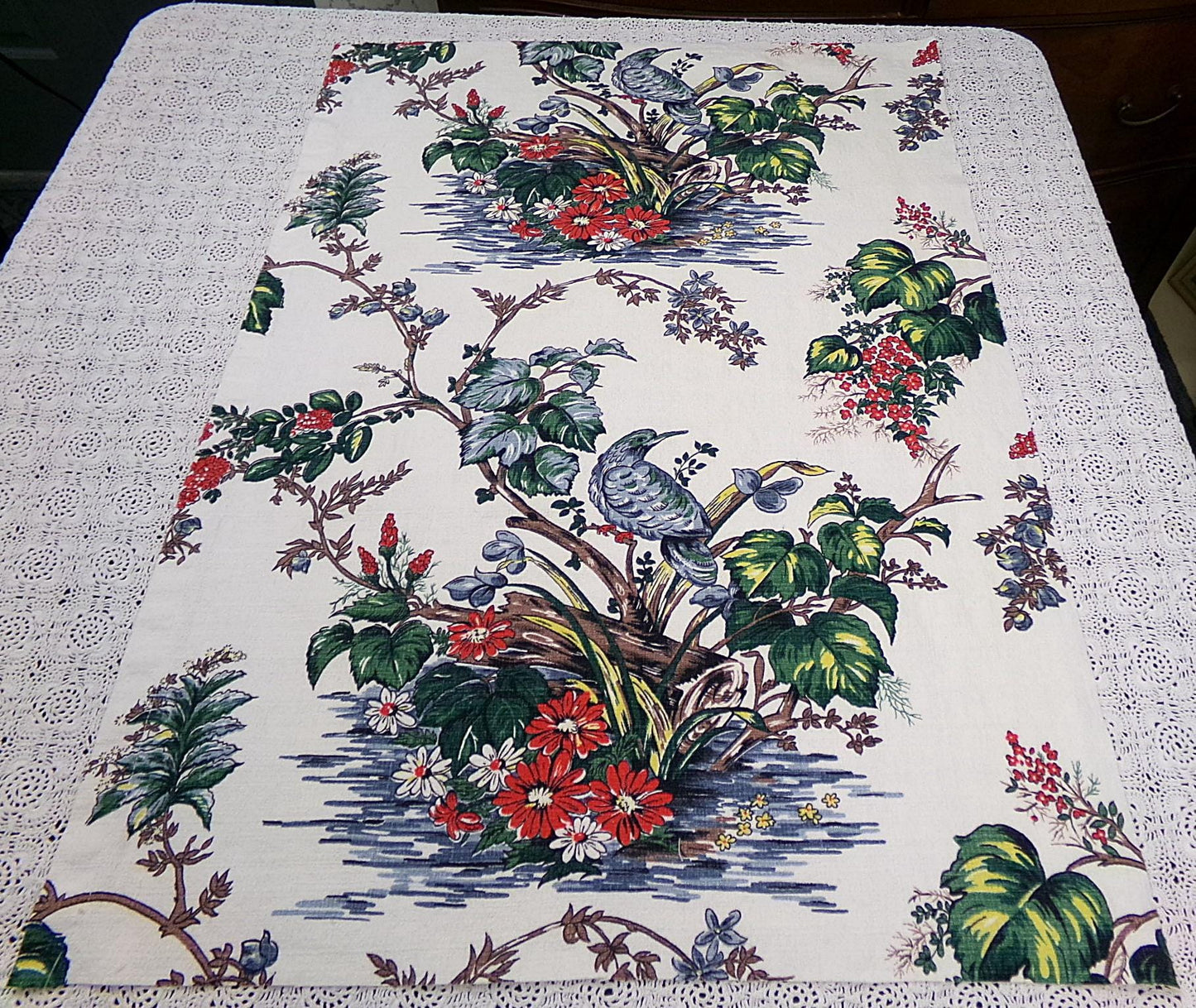 Vintage Barkcloth Fabric Panel Paloma Exotic Bird & Floral Botanical Print, 20x30"