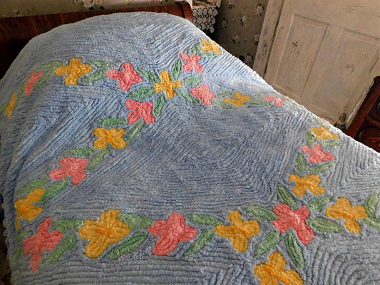 Plush Blue Vintage Chenille Bedspread, Criss Cross Floral, FULL Size Snuggly Heavyweight Bedding