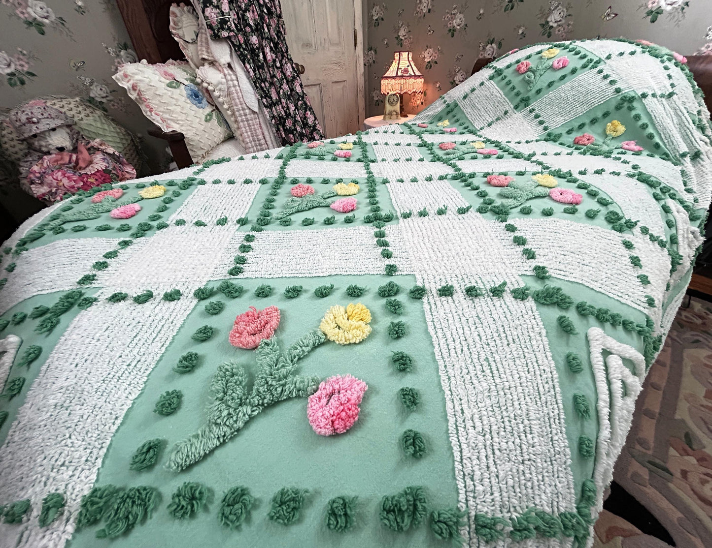 Mint Green Floral Vintage Chenille Bedspread, Cottage Garden Trellis Flowers, Full