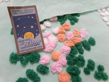 jade green floral vintage chenille fabric: handmade antique cotton sewing material for quilting, crafts, 31" x 24" piece