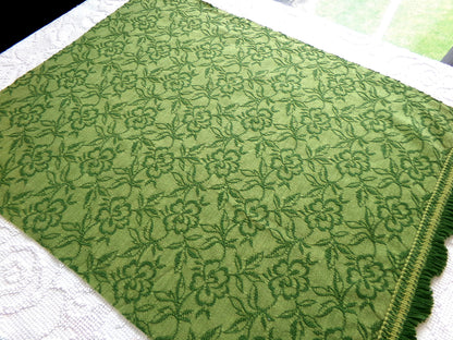 grecian green rose vintage woven fabric, gothic floral design w/ scallop fringe trim edge, 19" x 24" cut piece great for small bags