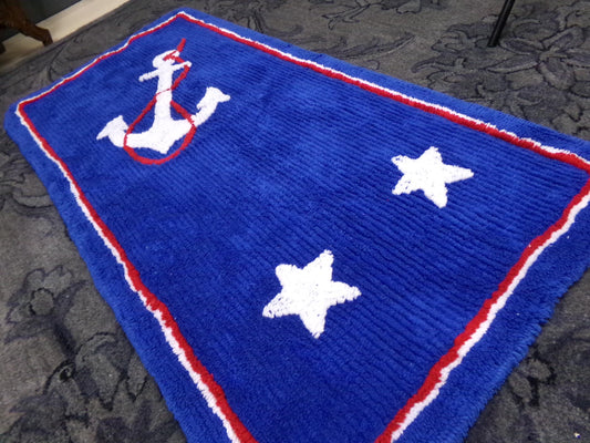 Vintage Coastal Chic Chenille Rug, Nautical Anchor & Stars Cotton Accent Mat 23" x 48.5"