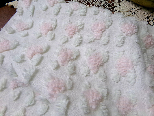 Shabby Pink Rosebud Vintage Chenille Bedspread Fabric Piece, Cottage Style Quilt Material 18" x 24"