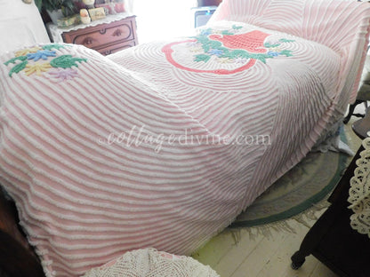 shabby girl pink vintage chenille bedspread, large flower basket & white swirls, full size summery cotton bedding