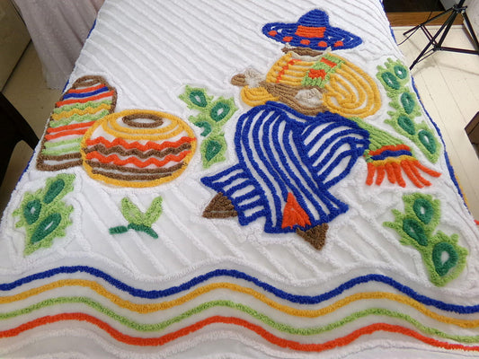Southwestern Mexican vintage chenille bedspread, iconic sombrero man, pottery & cactus, colorful full size white cotton bedding