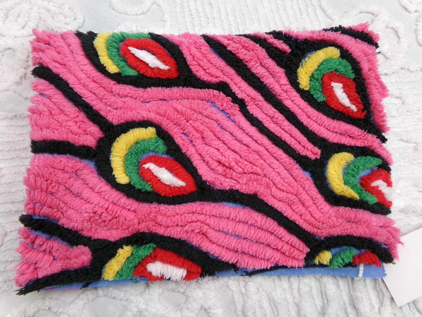 Pink Peacock Vintage Chenille Fabric, exotic tail feathers, sewing craft quilt material 17" x 23" piece