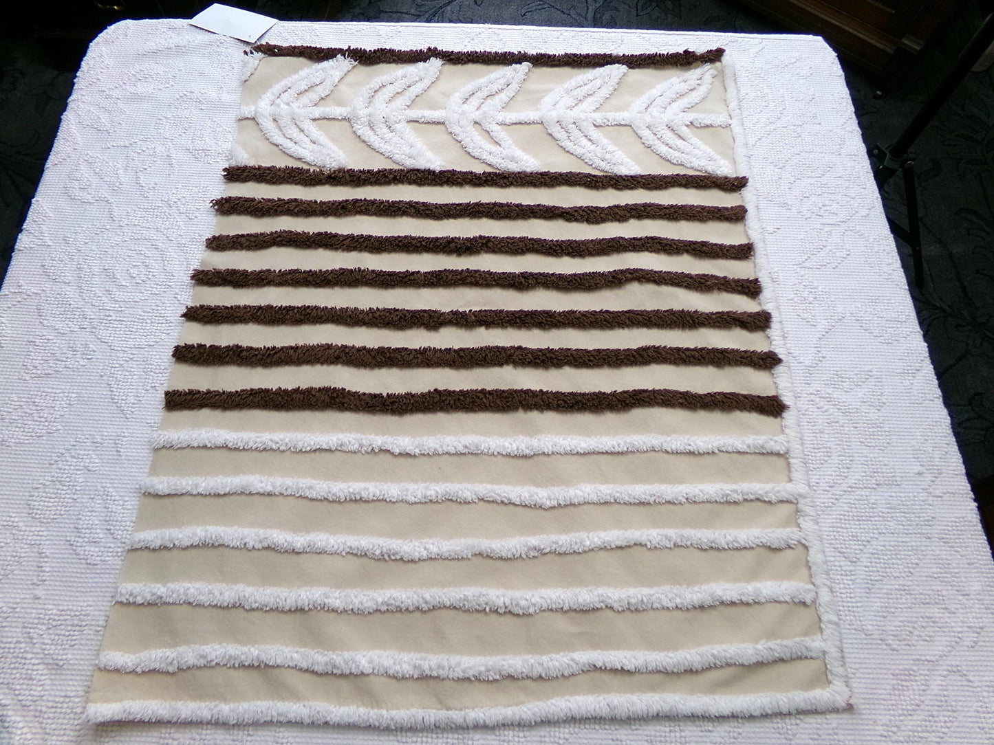 mocha leaf stripe vintage chenille fabric: contrast brown & white striped design, 20" x 24" sewing material for quilting, crafts