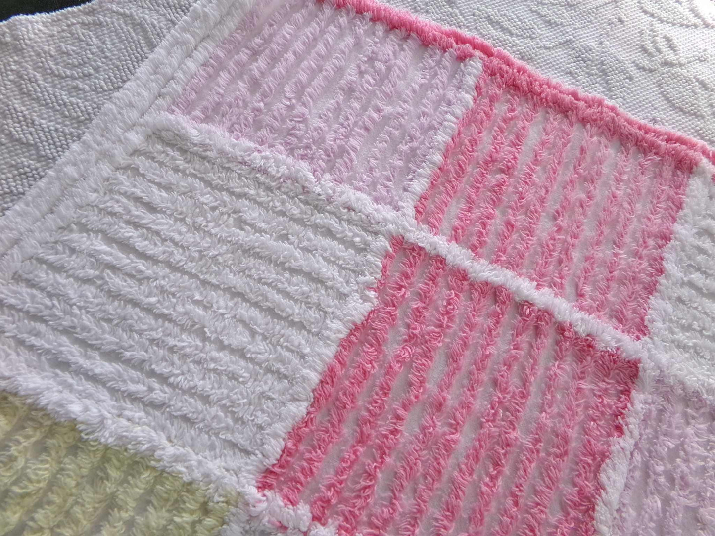 pink & white quilt style vintage chenille fabric, 25" x 20" piece of sewing material for pillows, crafts