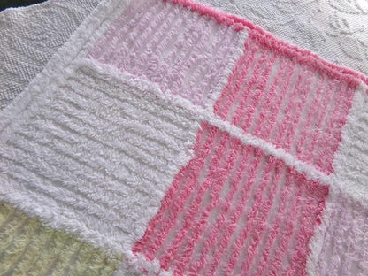 pink & white quilt style vintage chenille fabric, 25" x 20" piece of sewing material for pillows, crafts