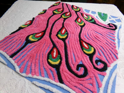 Exotic Artsy Vintage Chenille Bedspread Fabric Piece Pink Peacock Feathers, 19" x 24"