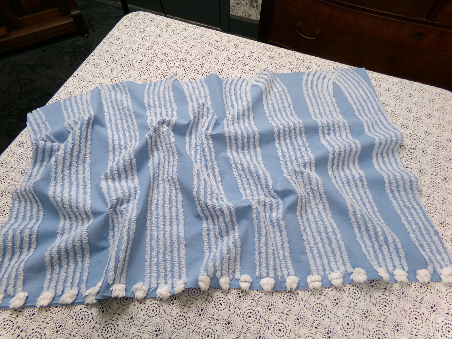 Shabby Sky Blue Vintage Chenille Fabric White Stripe Sewing Material 18" x 30"