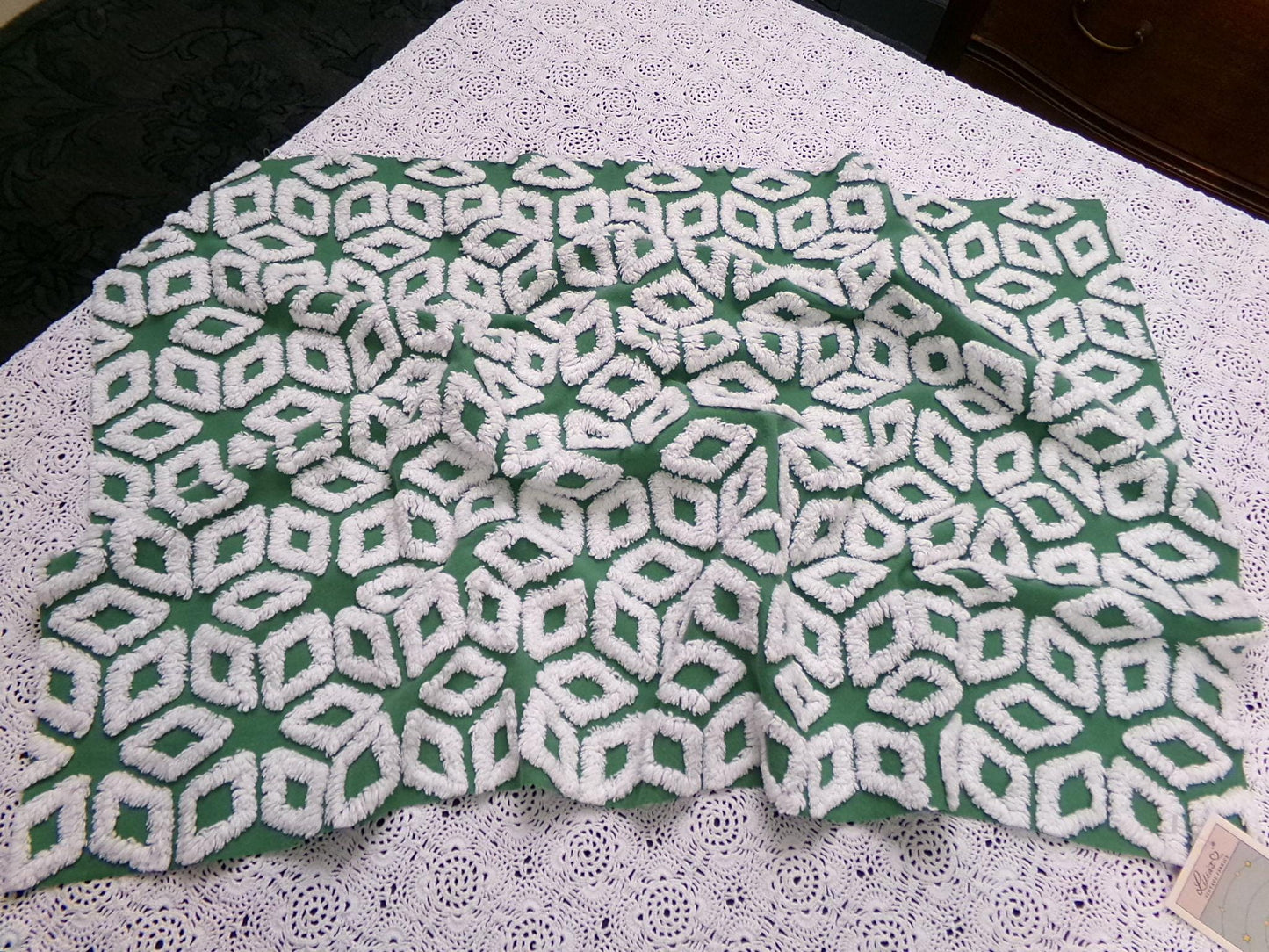 White Snowflake Vintage Chenille Fabric, Christmas Green 17.5x26" Piece