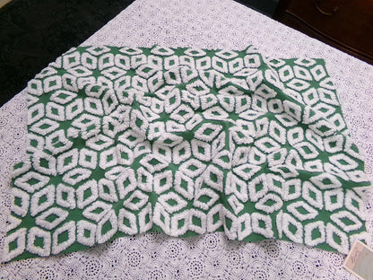 White Snowflake Vintage Chenille Fabric, Christmas Green 17.5x26" Piece