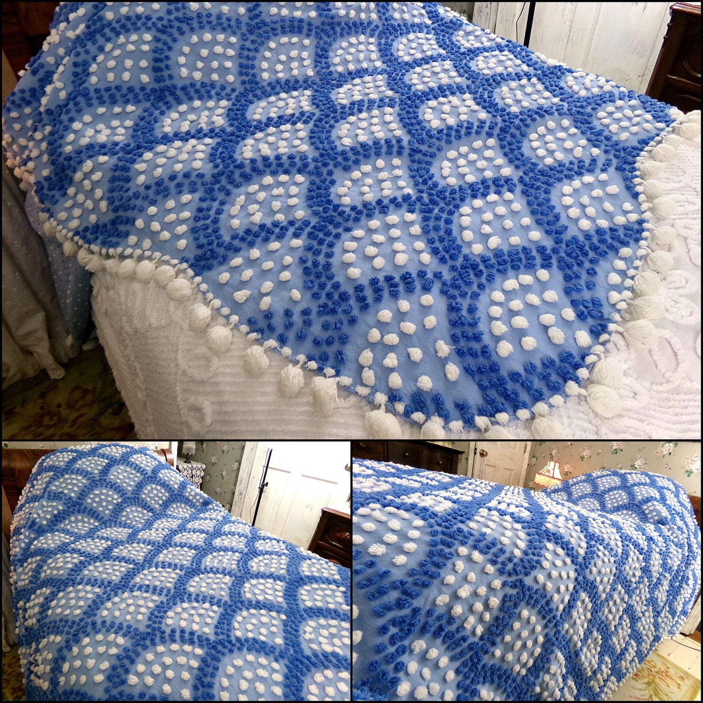 mermaid tail vintage chenille bedspread, lake cottage blue & white shell pop scallop design, full size antique cotton bedding, pom pom trim