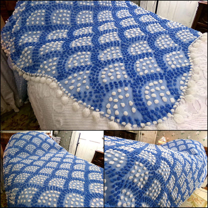 mermaid tail vintage chenille bedspread, lake cottage blue & white shell pop scallop design, full size antique cotton bedding, pom pom trim