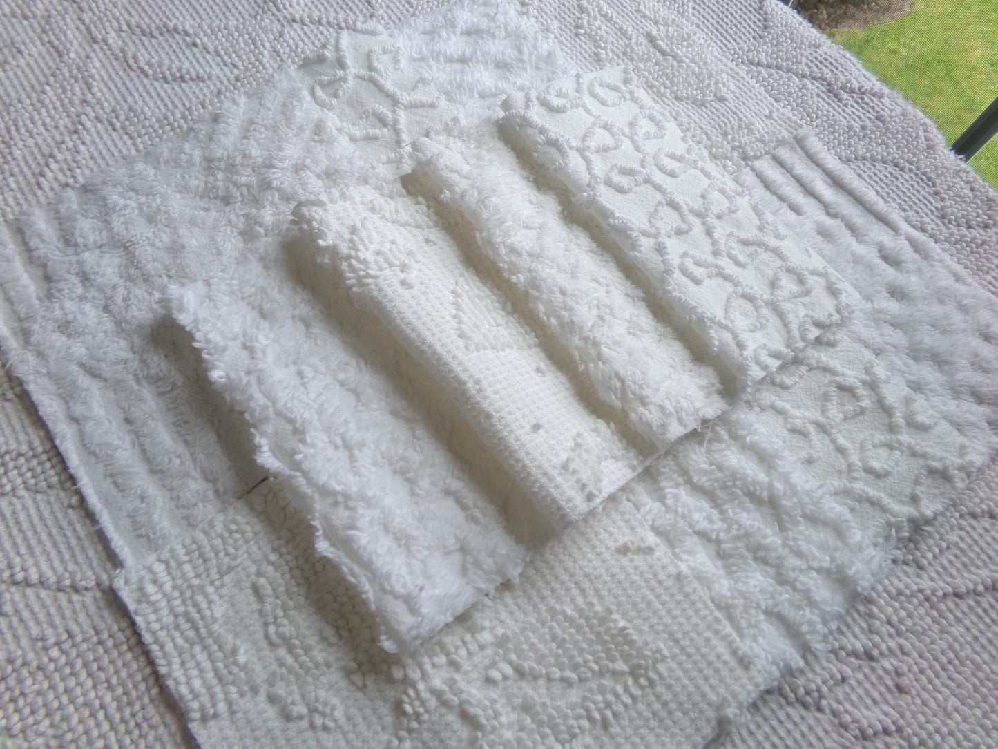 white vintage 6" chenille squares, set of 12 quilt blocks in a classic selection of popular patterns for sewing & crafts