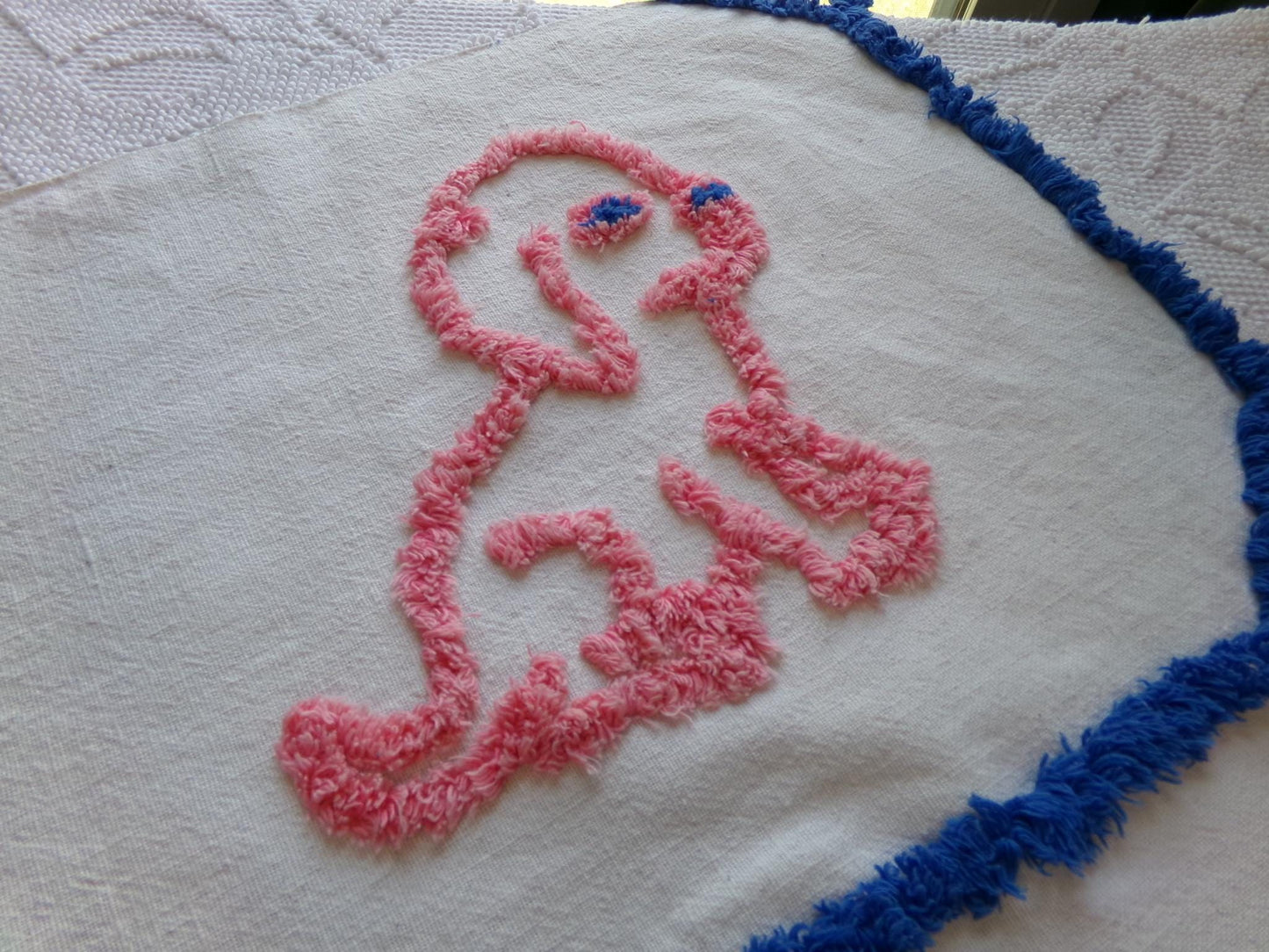 Cutest Pink Puppy Dogs Vintage Chenille Fabric, 4 Puppies on Cotton Feedsack, 22" x 28" Piece, Upcycle into Handmade Quilts, Pillows