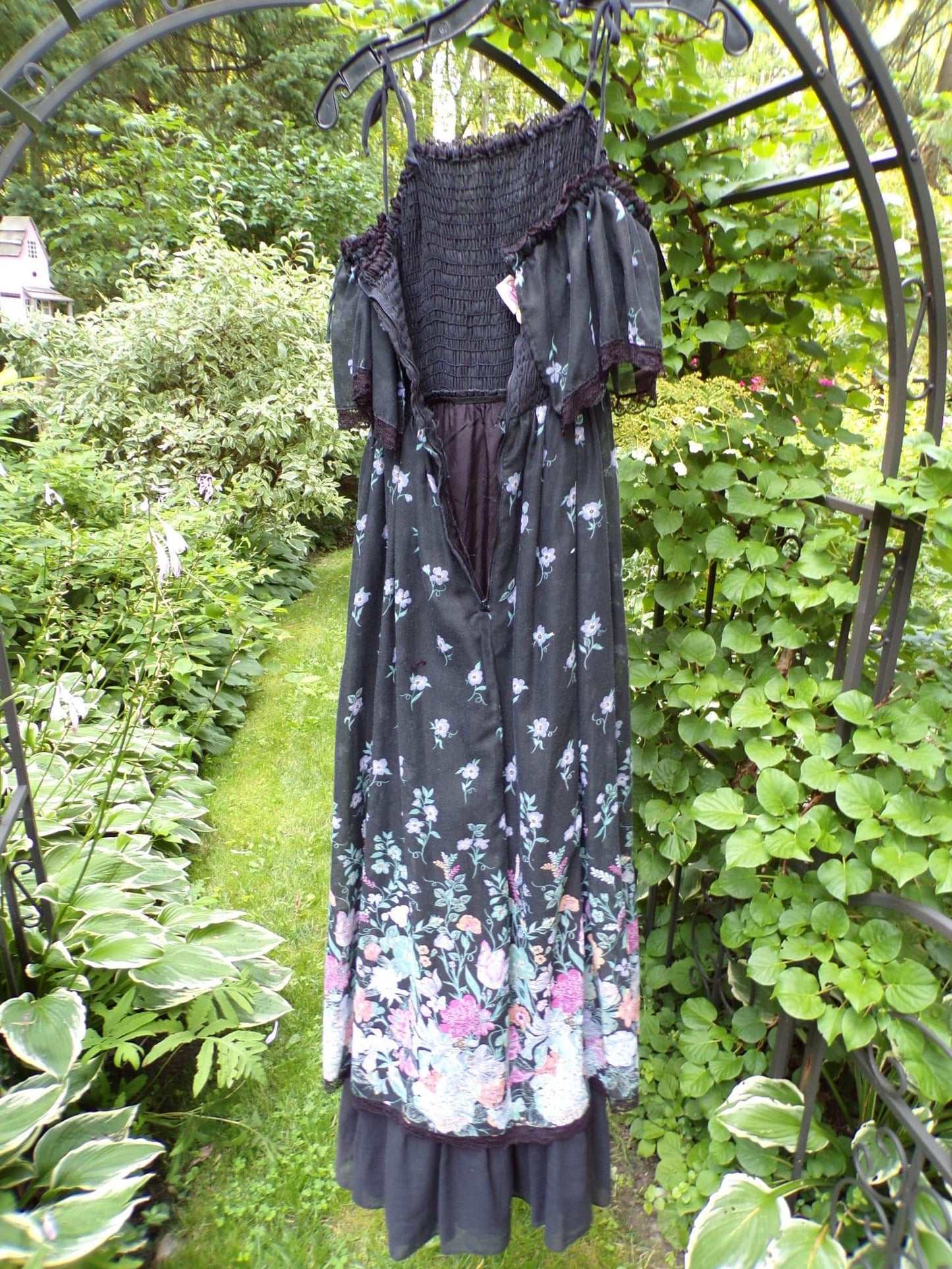 Vintage Boho Prairie Dress Black Floral 70s Maxi Sundress Jr Sz 13