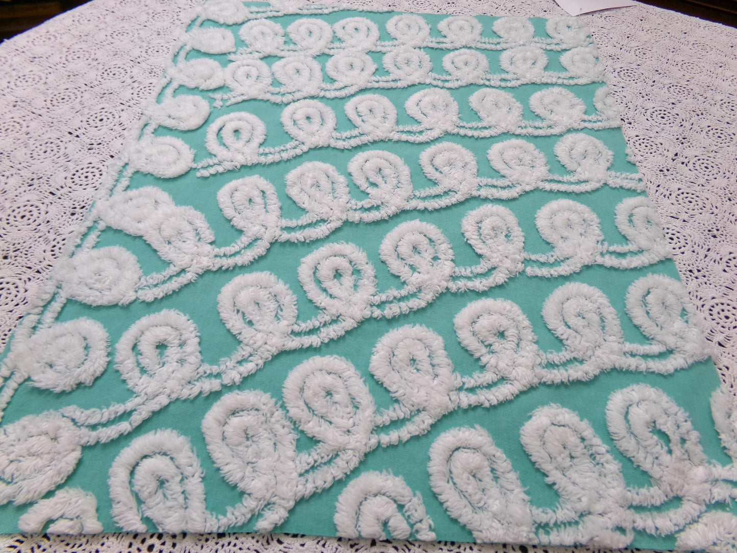 Soothing White Curly Loops Jade Vintage Chenille Bedspread Fabric 15" x 19" Piece