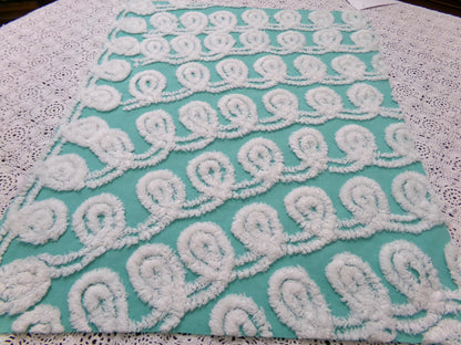 Soothing White Curly Loops Jade Vintage Chenille Bedspread Fabric 15" x 19" Piece