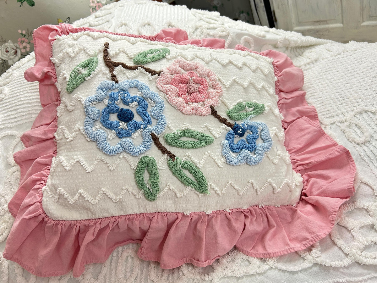 Cottage Ruffled Vintage Chenille Pillow Cover Reversible Floral Rectangle Shape