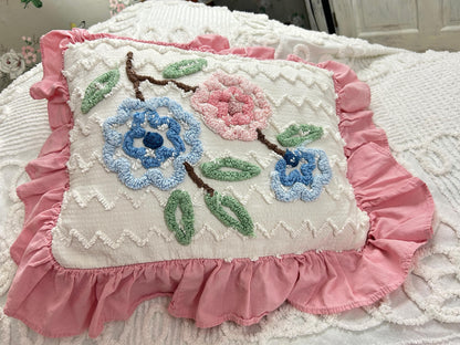 Cottage Ruffled Vintage Chenille Pillow Cover Reversible Floral Rectangle Shape