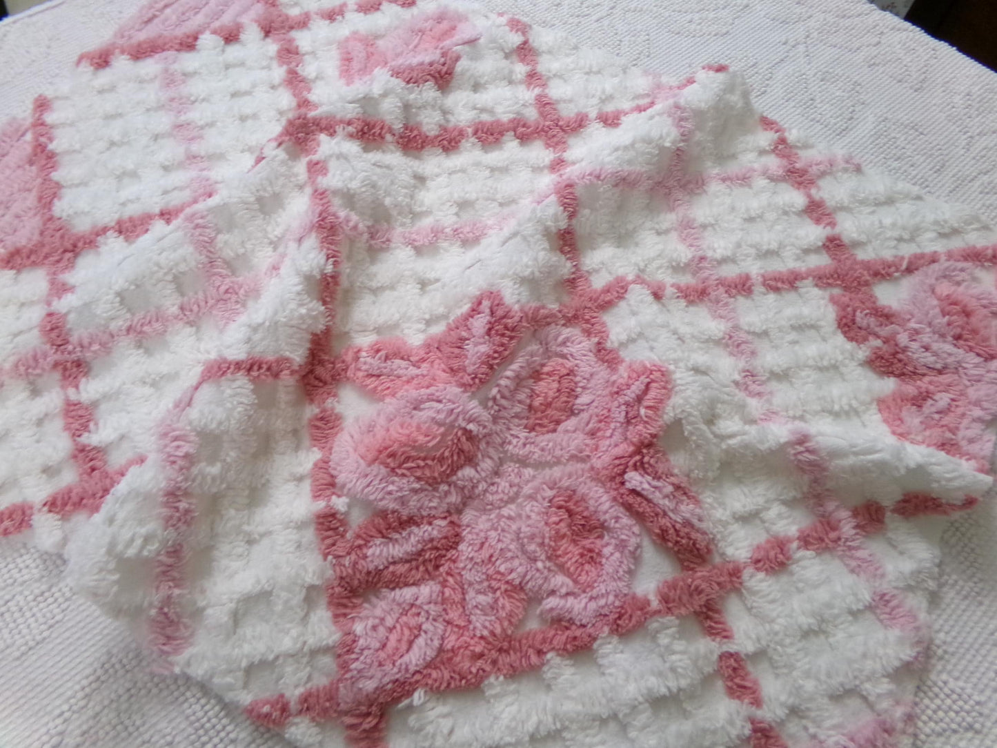 white & pink rose vintage chenille bedspread fabric, cottage chic quilt material, 18" x 25" piece