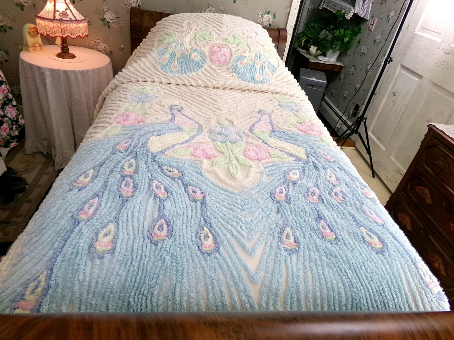 Pastel Peacock Vintage Chenille Bedspread, Boho Creamy Cotton Full Size