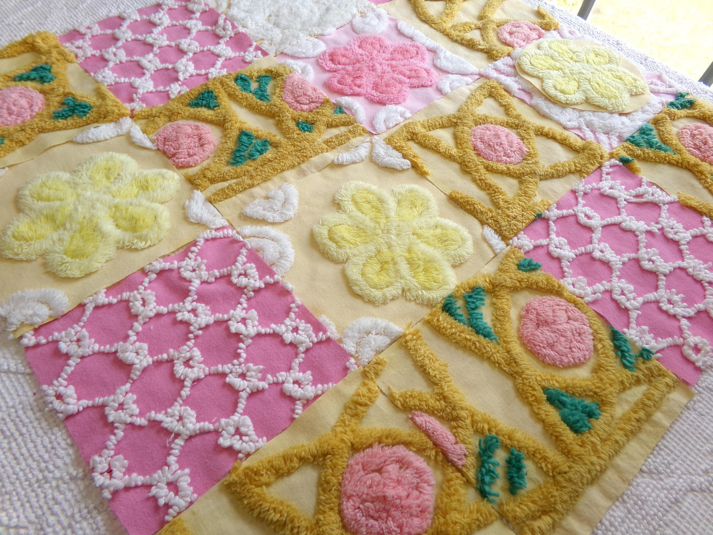 vintage chenille fabric squares, "secret garden" set of 16 floral 6" quilt blocks in yellow, rose pink, gold