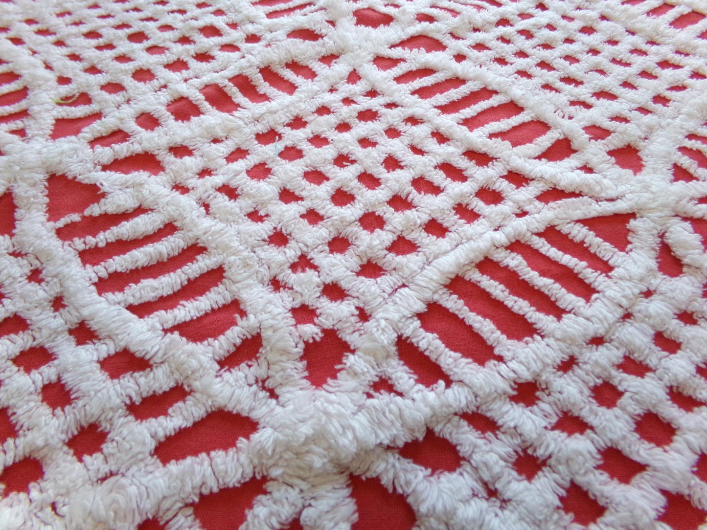 Vintage Red Chenille Fabric, White Geometric 17x24" Quilt Material