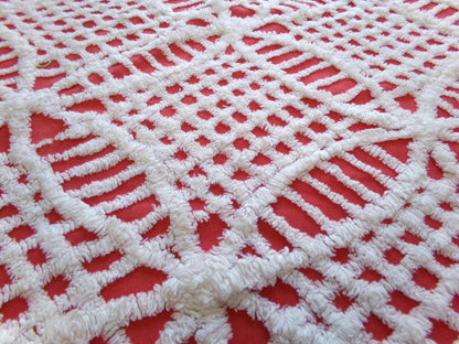 Vintage Red Chenille Fabric, White Geometric 17x24" Quilt Material