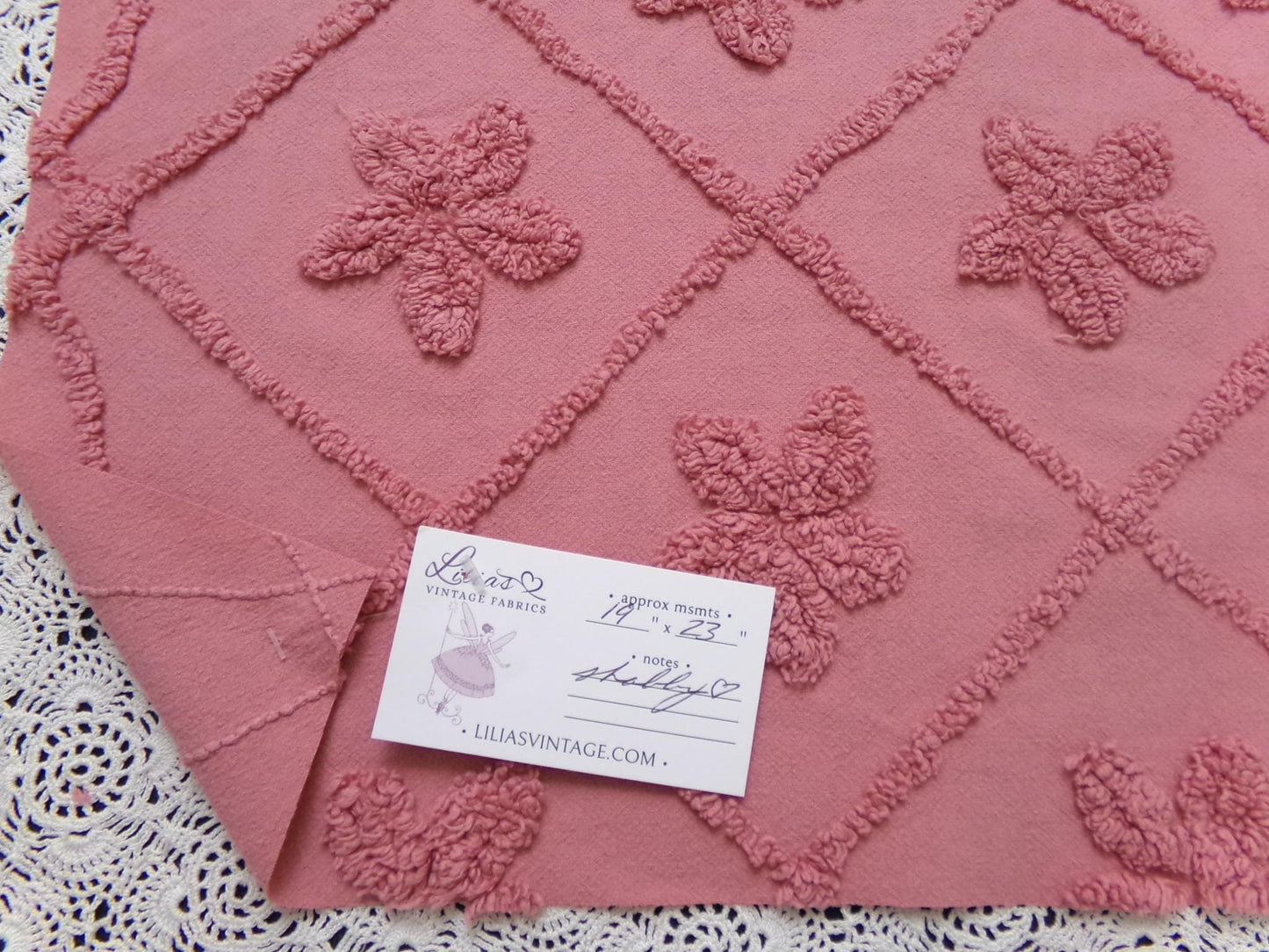 Vintage Chenille Fabric Dusty Rose Pink Tufted Floral Diamond Lattice Pattern 19x23"