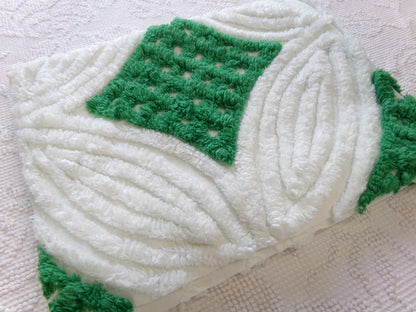 plush vintage chenille fabric: preppy kelly green & white wedding rings, 18" x 24" piece
