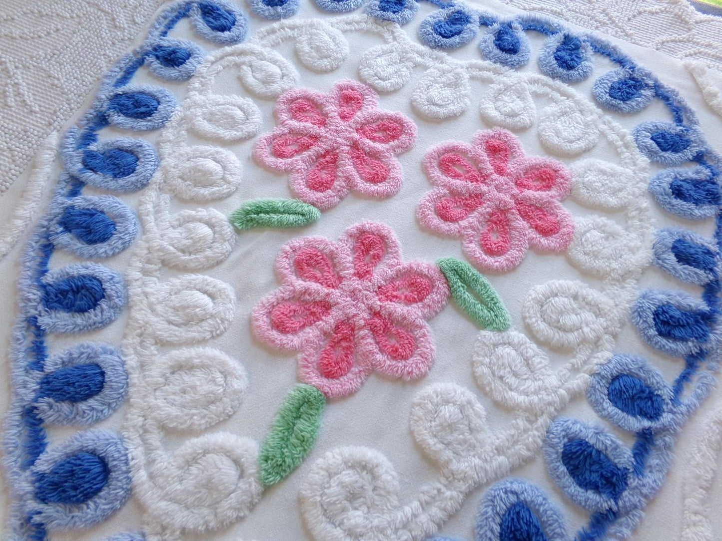 shabby heart vintage chenille fabric, pink roses w/ blue curlicue swirls, 18" x 22" piece of sewing material great for pillow