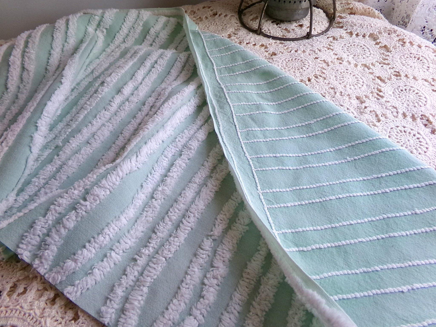 mint green & white striped chenille fabric, tufted stripes on vintage cotton, 16" x 27" inch cut piece, for sewing, craft projects