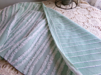 mint green & white striped chenille fabric, tufted stripes on vintage cotton, 16" x 27" inch cut piece, for sewing, craft projects