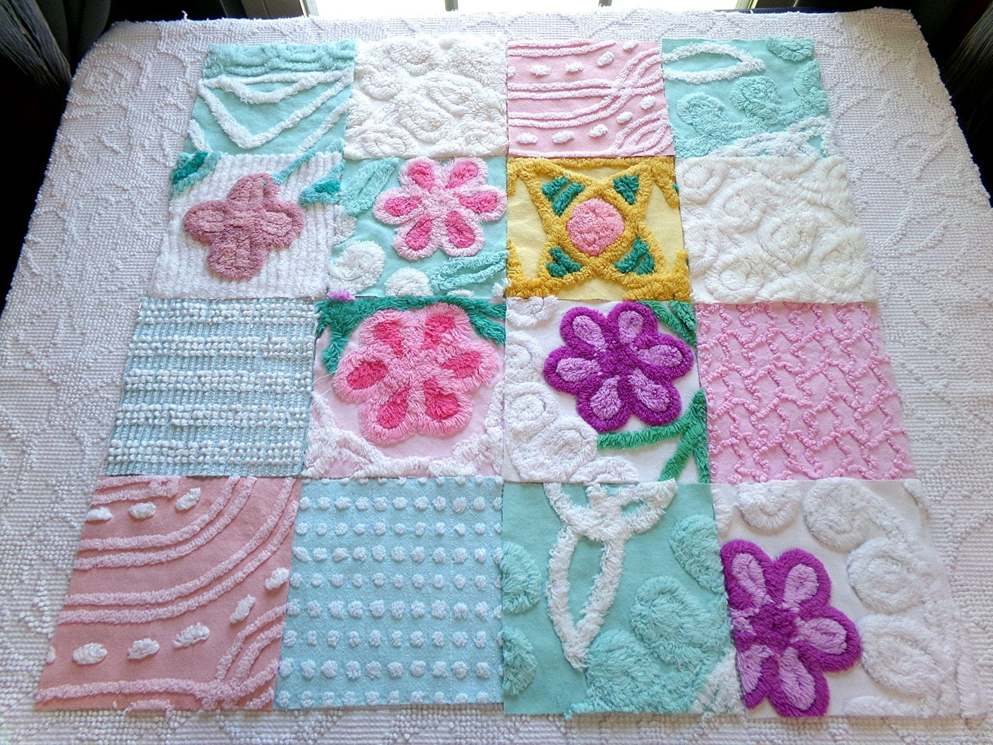 funky flowers 6" chenille squares, colorful mixed set of 16 quilt blocks rotary cut from vintage chenille bedspread fabrics