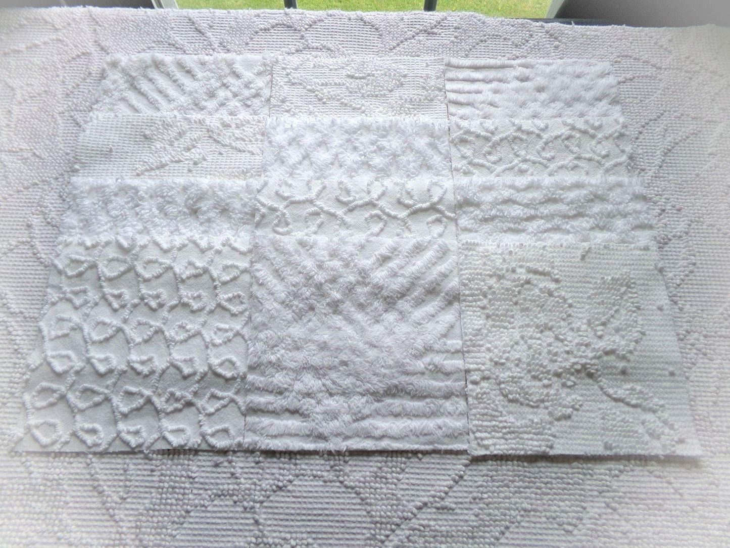 white vintage 6" chenille squares, set of 12 quilt blocks in a classic selection of popular patterns for sewing & crafts