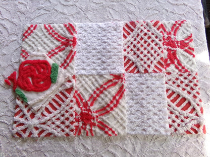 vintage chenille fabric squares, set of 8 red & white 7.5" vintage quilt blocks for sewing, Christmas crafts, quilting