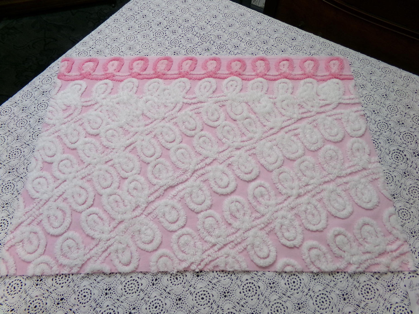 Cute Curlicues Vintage Chenille Fabric, Pink & White 16" x 23" piece