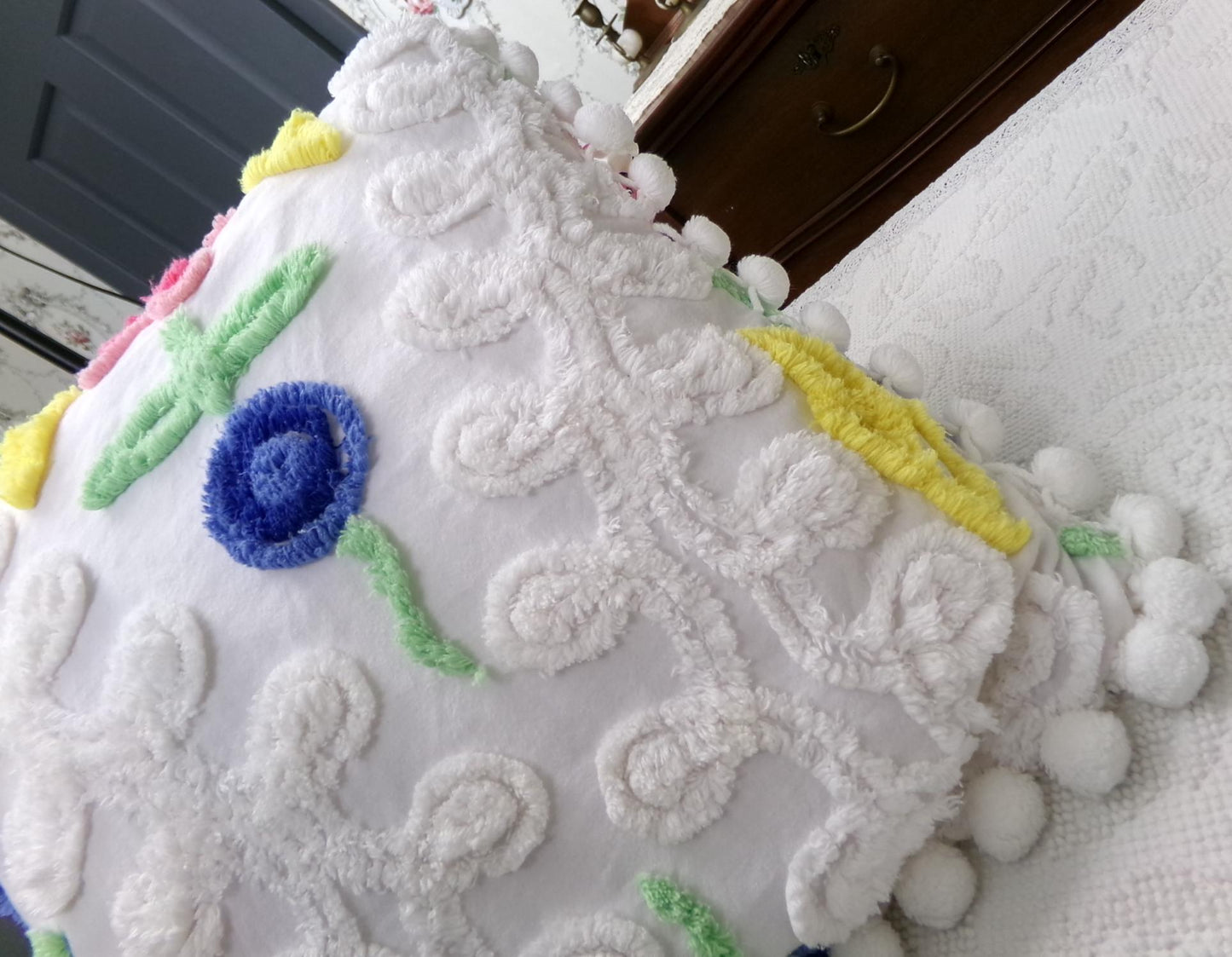 canyon group vintage chenille pillow cover, single 17" square sham rainbow wedding cake design