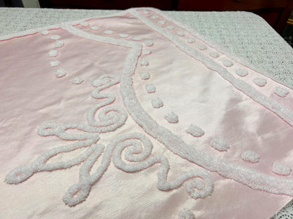 Pink Satin Vintage Fabric, Shabby Tufted Chenille 24x23" Sewing Craft Textile