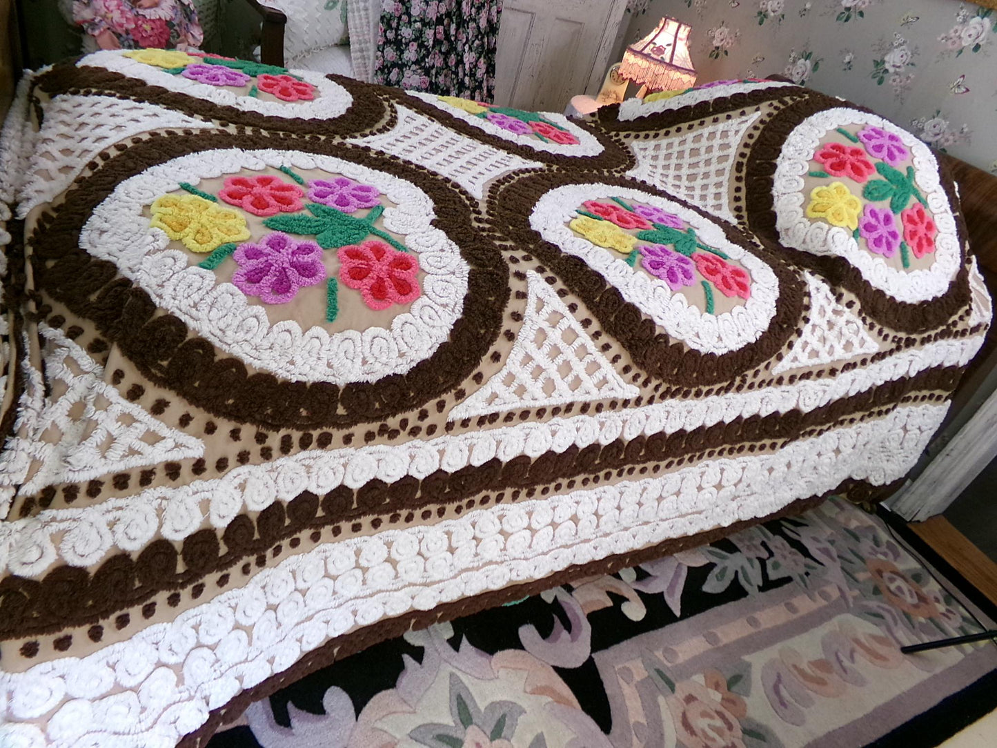 Vintage Chenille Bedspread, Rainbow Hearts Chocolate Brown, Full Size