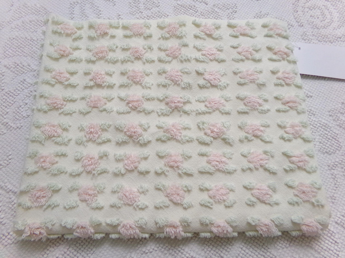 Creamy Vanilla Pink Rosebud Vintage Chenille Bedspread Fabric, 18 x 24"