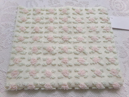 Creamy Vanilla Pink Rosebud Vintage Chenille Bedspread Fabric, 18 x 24"