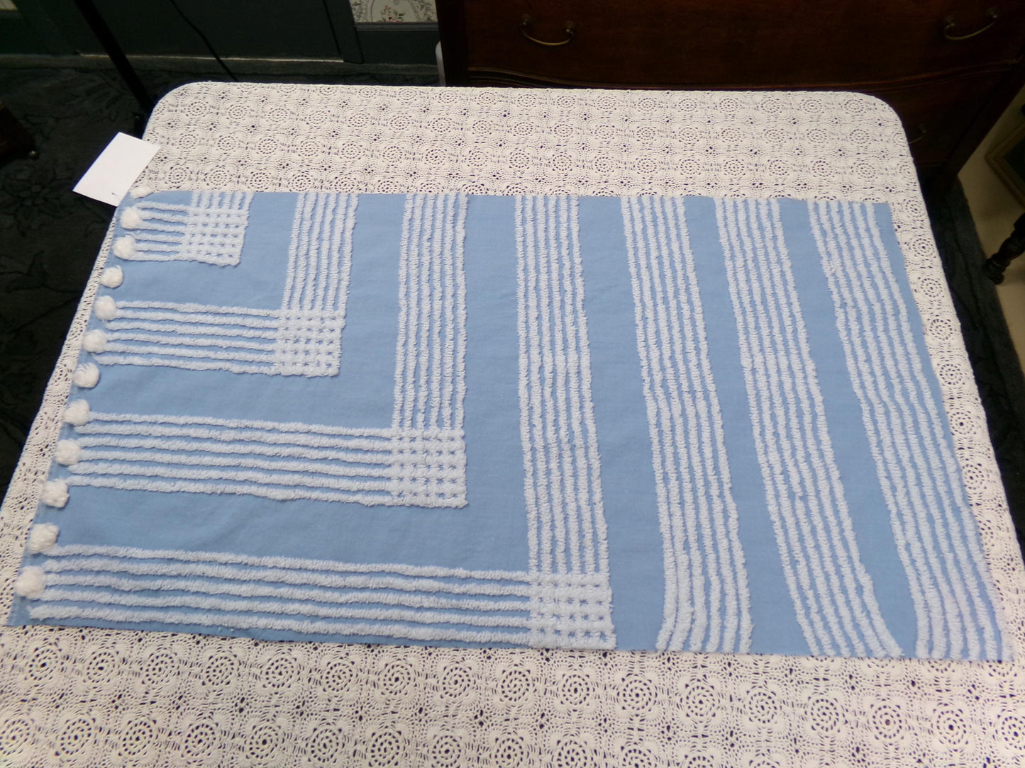 Sky Blue Vintage Chenille Fabric White Geometric Quilt Sewing Material 16.5" x 30"